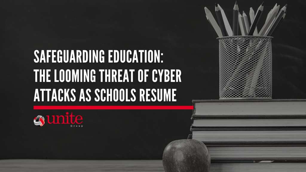 Safeguarding Education: The Looming Threat of Cyber Attacks as Schools Resume an image with the blog title and 4 books stacked with a pot of colouring pencils on top