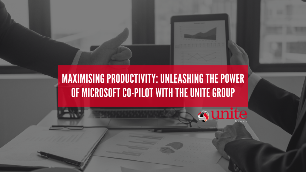 image shows a thumbs up and a graph of productivity. text reads: maximising productivity: unleashing the power of mircrosoft co-pilot with the unite group