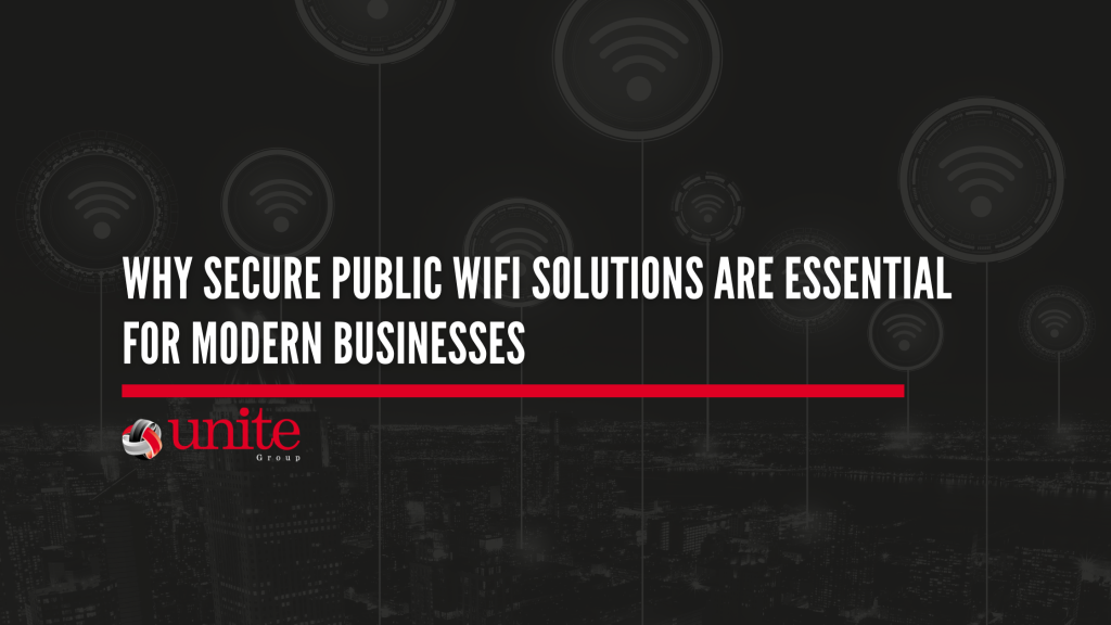 image shows city with wifi signs above the buildings. text reads Why Secure Public WiFi Solutions Are Essential for Modern Businesses