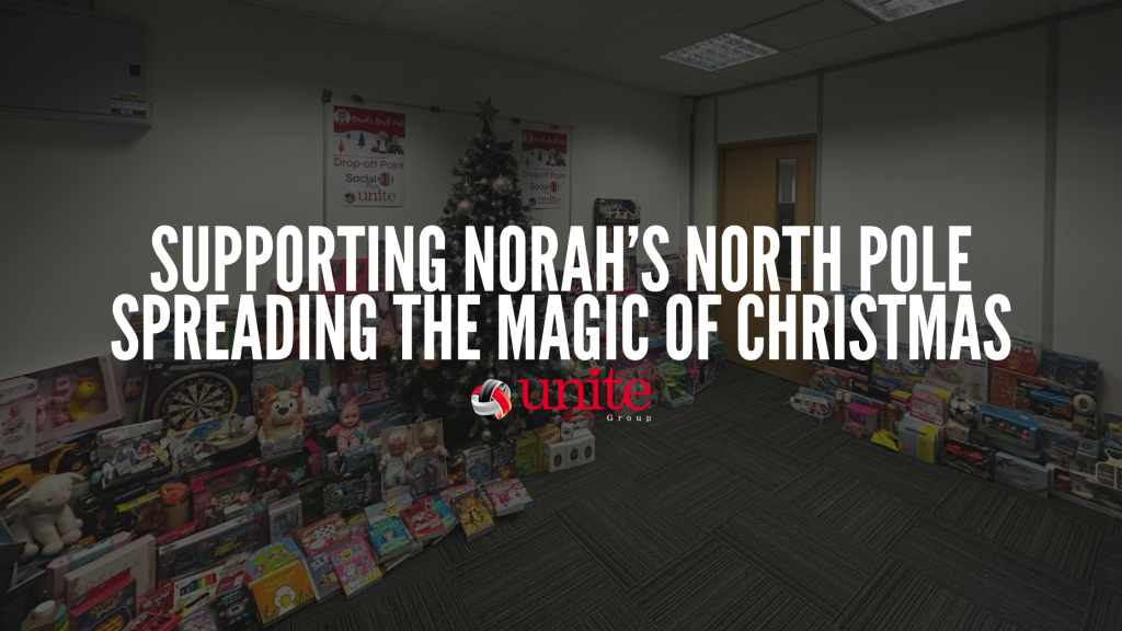 hundreds of toys around a christmas tree. text reads Supporting Norah’s North Pole 2024: Spreading the Magic of Christmas