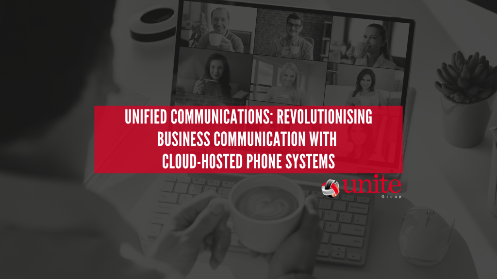 a man on a laptop holding a coffee on a video call with 12 others. text reads Unified Communications: Revolutionising Business Communication with Cloud-Hosted Phone Systems 