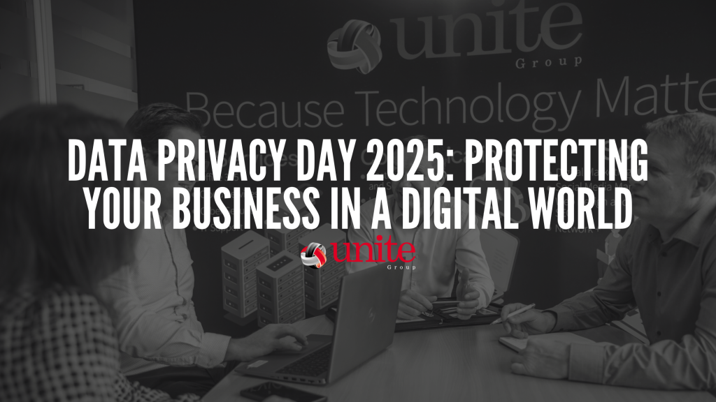 4 members of the unite group sitting round the table working on a laptop. text reads Data Privacy Day 2025: Protecting Your Business in a Digital World