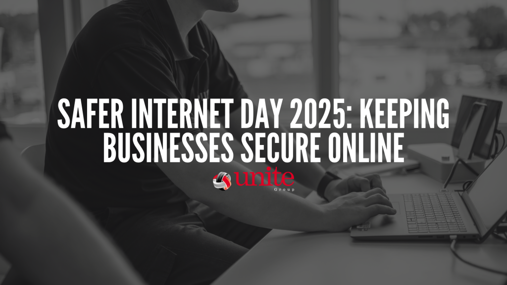 unite employee on a laptop. text reads:  Safer Internet Day 2025: Keeping Businesses Secure Online