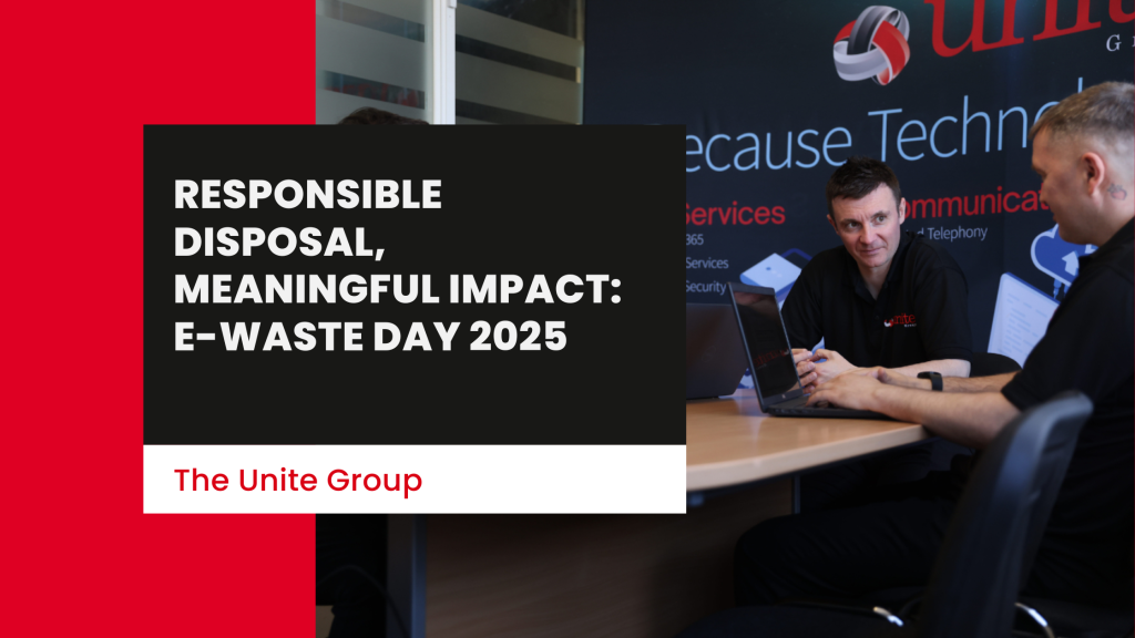 2 unite employees sitting working on laptop in a The Unite Group meeting room. text reads: Responsible Disposal, Meaningful Impact: E-Waste Day 2025 with The Unite Group