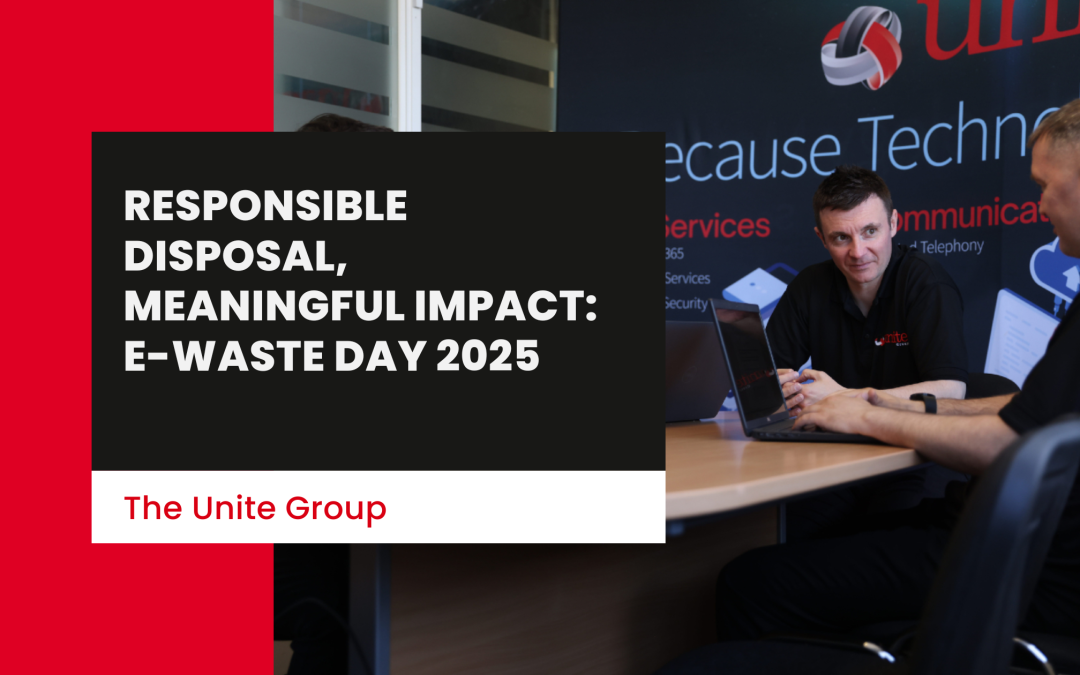 2 unite employees sitting working on laptop in a The Unite Group meeting room. text reads: Responsible Disposal, Meaningful Impact: E-Waste Day 2025 with The Unite Group