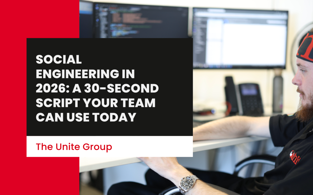 A unite group employee sat at a desk on a computer - Social Engineering in 2026: A 30-Second Script Your Team Can Use Today