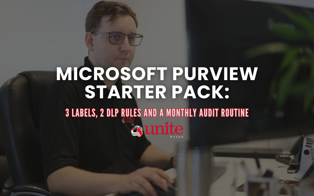 A unite group employee working at a computer -Microsoft Purview Starter Pack: 3 Labels, 2 DLP Rules and a Monthly Audit Routine